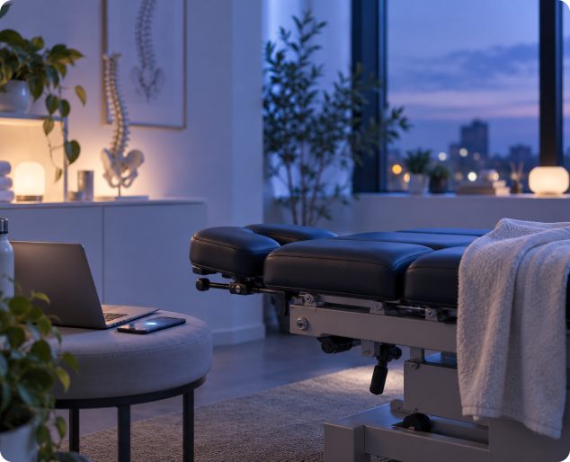 Chiropractic treatment room at dusk